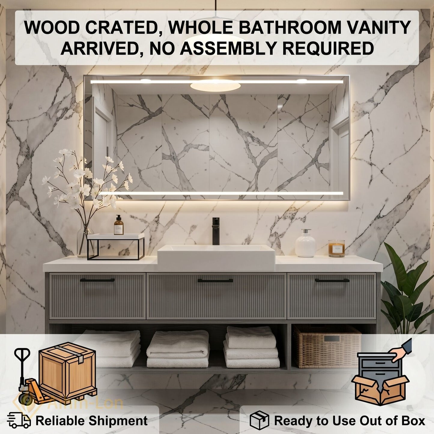 40''-64'' Floating Bathroom Vanity with Sink Grey Mesh Three Drawers Open Shelving
