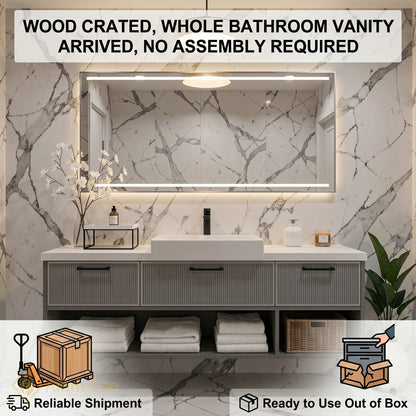 40''-64'' Floating Bathroom Vanity with Sink Grey Mesh Three Drawers Open Shelving