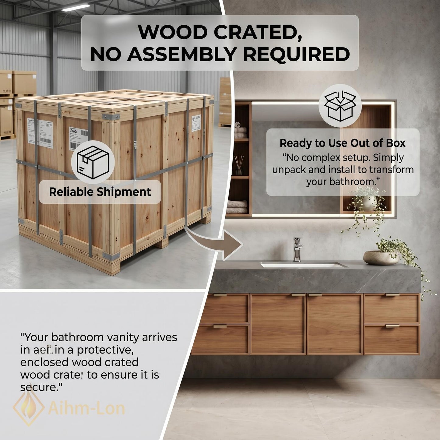 76''-96'' Modern Double Bathroom Vanity with Sink Floating Dark Stone Wood-Finish Cabinet