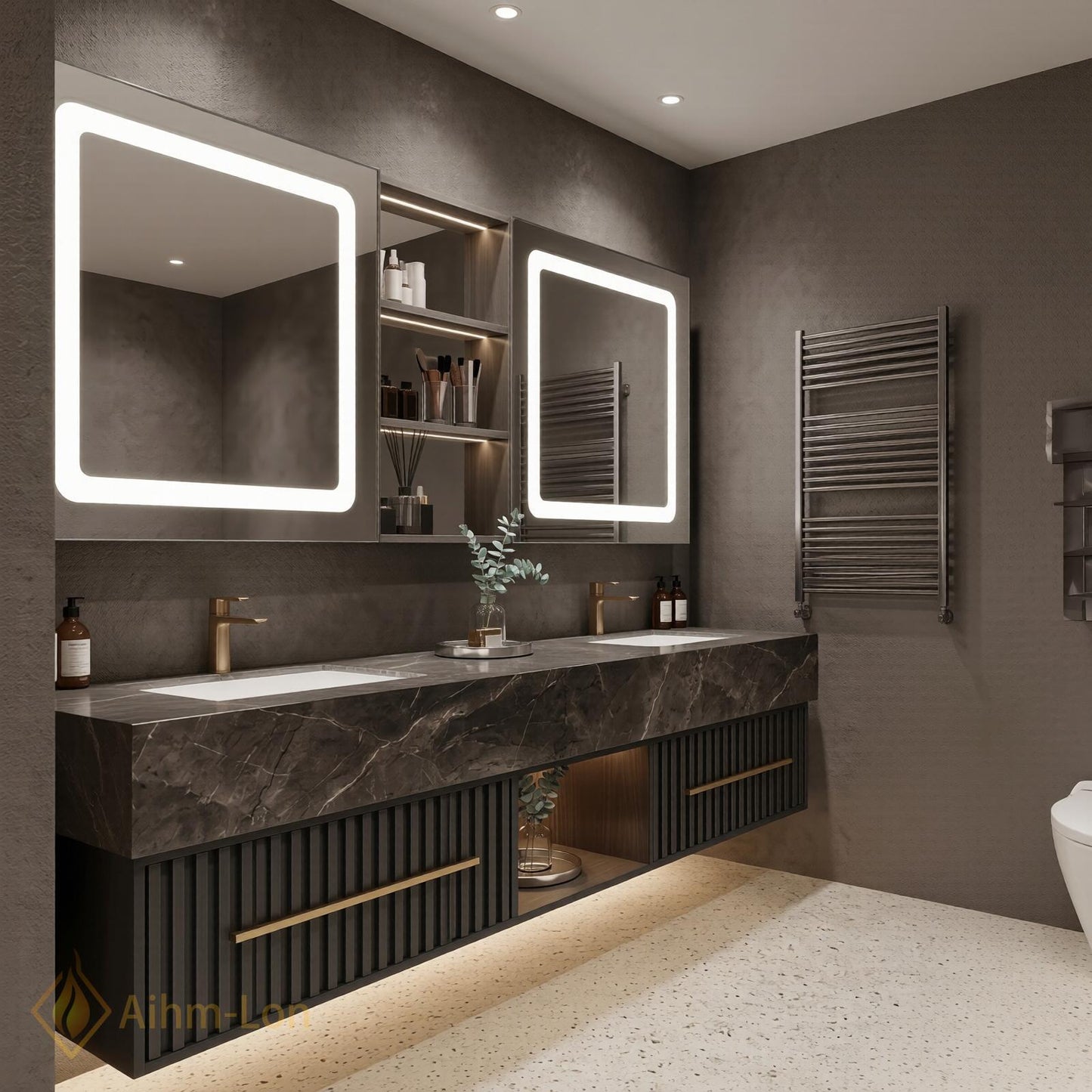 60''-96'' Double Bathroom Vanity with Sink Modern Floating Dark Stone Top Slatted