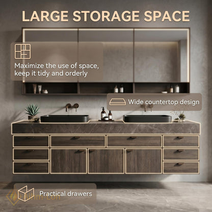 72''-96'' Double Bathroom Vanity with Sink Dark-Walnut Floating Grain Drawer Storage