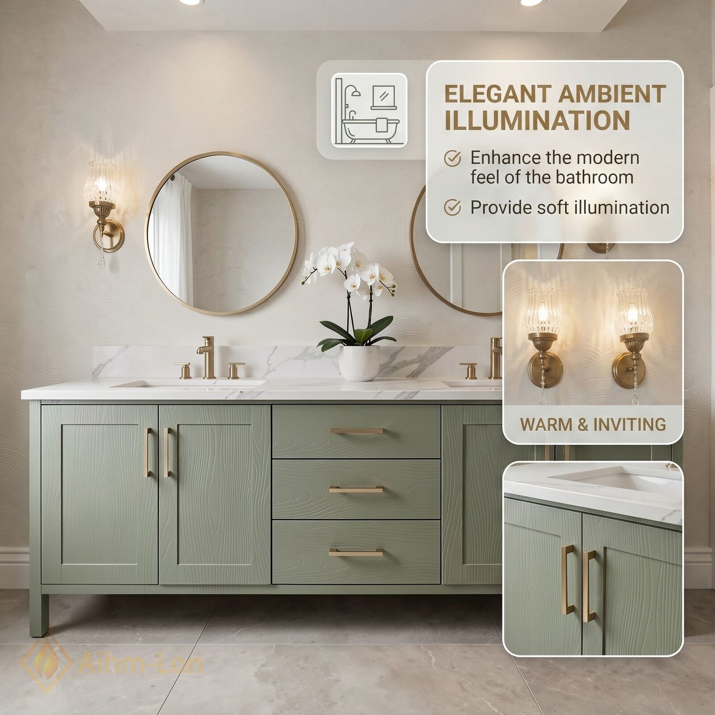 70''-96'' Modern Bathroom Vanity with Sink Wood Grain Shaker Marble Gold Drawers