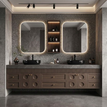 70''-96'' Modern Bathroom Vanity with Sink Ridge-Panel Dark Wood Grain Spacious Cabinet