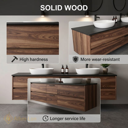 60''-96'' Floating Bathroom Vanity with Sink Double Vessel Sinks Dark Walnut Finish