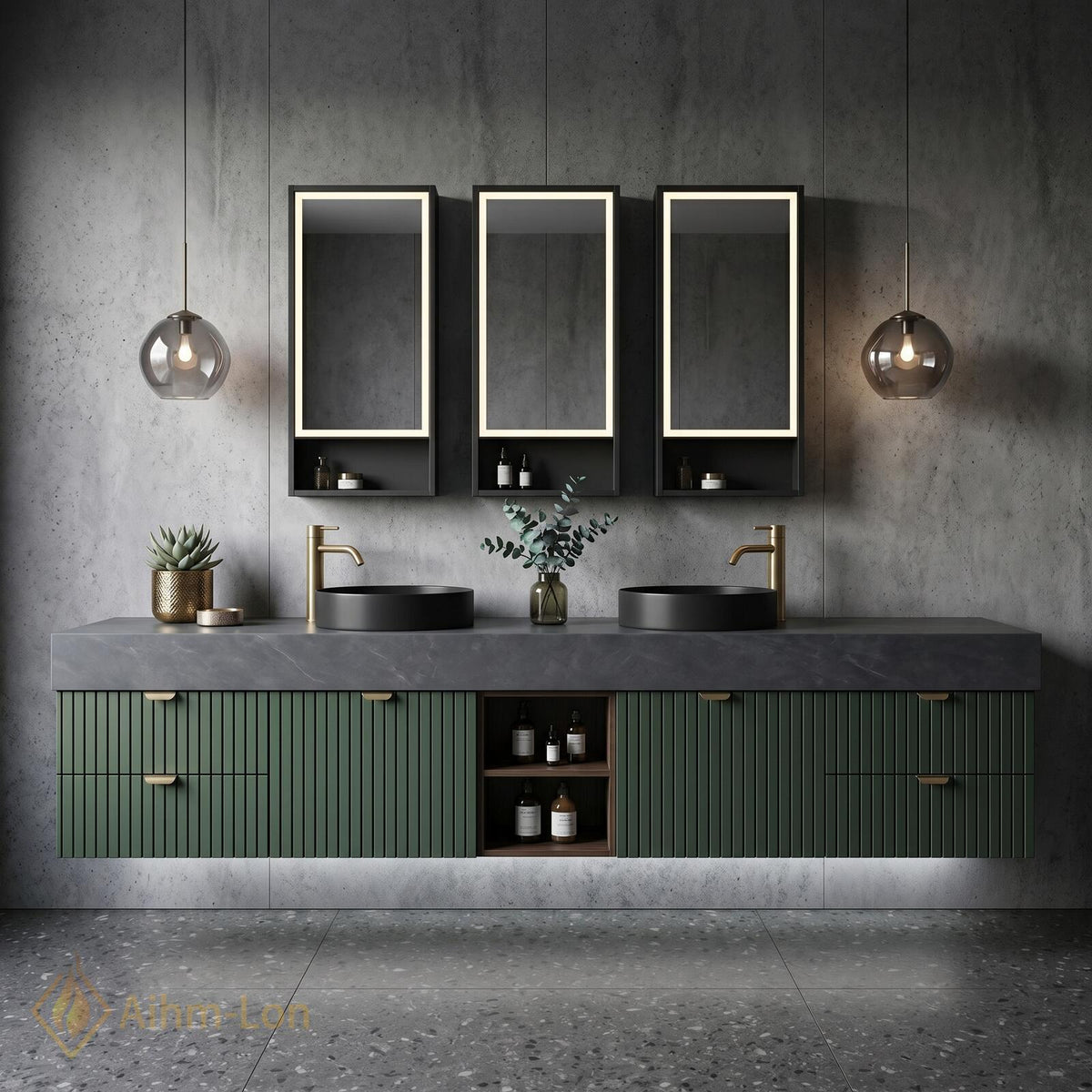 60''-96'' Double Bathroom Vanity with Sink Slatted Panel Doors Forest Green Cabinet
