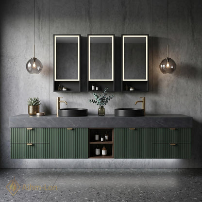 60''-96'' Double Bathroom Vanity with Sink Slatted Panel Doors Forest Green Cabinet