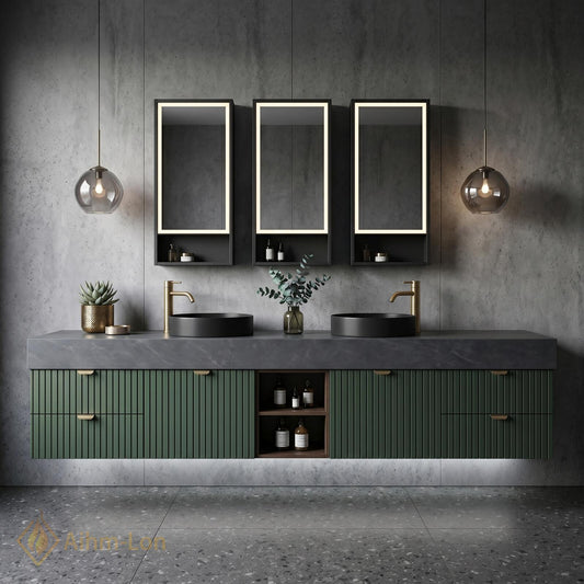60''-96'' Double Bathroom Vanity with Sink Slatted Panel Doors Forest Green Cabinet
