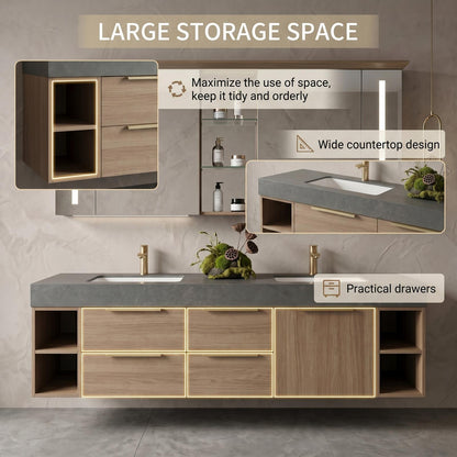 60''-96'' Double Bathroom Vanity with Sink Modern Floating Warm Wood Grain Open Side Shelving