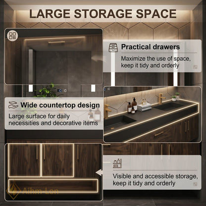 60''-96'' Double Bathroom Vanity with Sink Floating Wall-Mounted Design Dark Solid Countertop