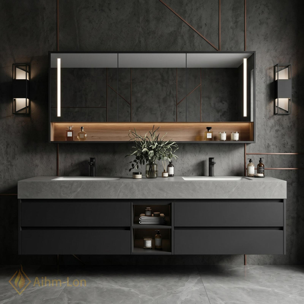 60''-96'' Double Bathroom Vanity with Sink Floating Dark Matte Stone Central Shelving