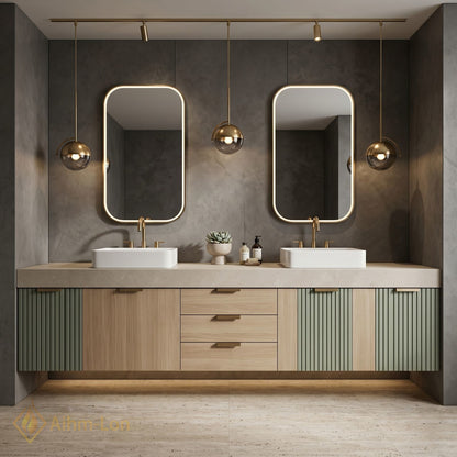 76"-96'' Bathroom Vanity with Sink Slim Fluted Panels Soft Oak Finish Double