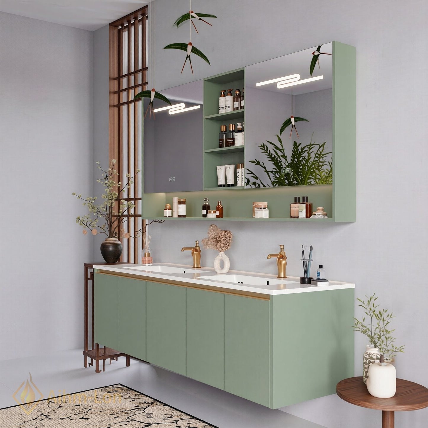 60''-96'' Floating Bathroom Vanity with Sink Dual Basin Matte Sage Mirror Cabinet