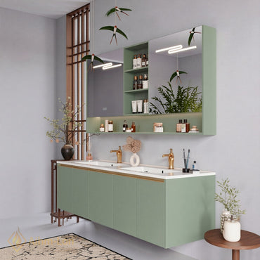 60''-96'' Floating Bathroom Vanity with Sink Dual Basin Matte Sage Mirror Cabinet