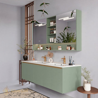60''-96'' Floating Bathroom Vanity with Sink Dual Basin Matte Sage Mirror Cabinet