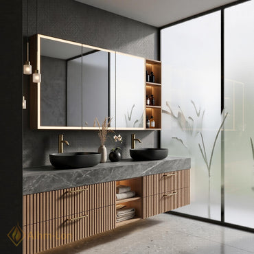 60''-96'' Double Bathroom Vanity with Sink Modern Grey Marble-Look Slatted Panel Front