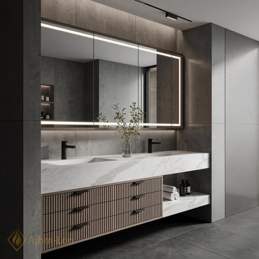 60''-96'' Double Bathroom Vanity with Sink Grey Stone Effect Vertical Slatted Panels