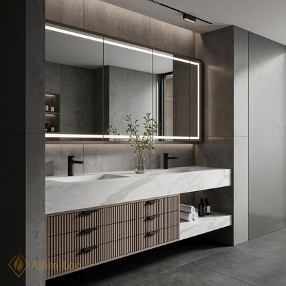 60''-96'' Double Bathroom Vanity with Sink Grey Stone Effect Vertical Slatted Panels