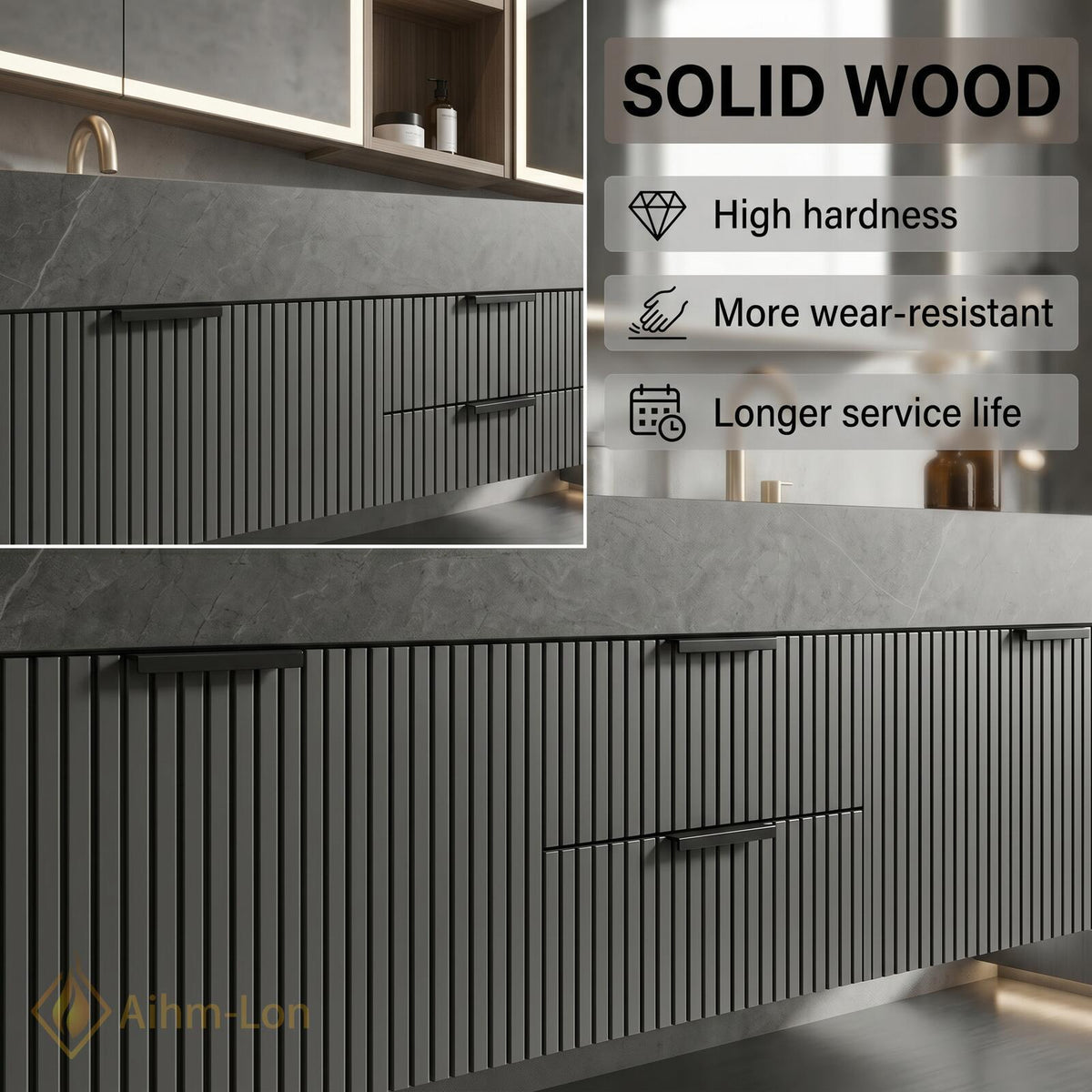60''-96'' Double Bathroom Vanity with Sink Modern Stone Top Slatted Mirror Storage