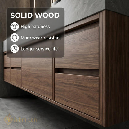 60''-96'' Double Bathroom Vanity with Sink Dark-Wood Modern Floating Grain Drawers