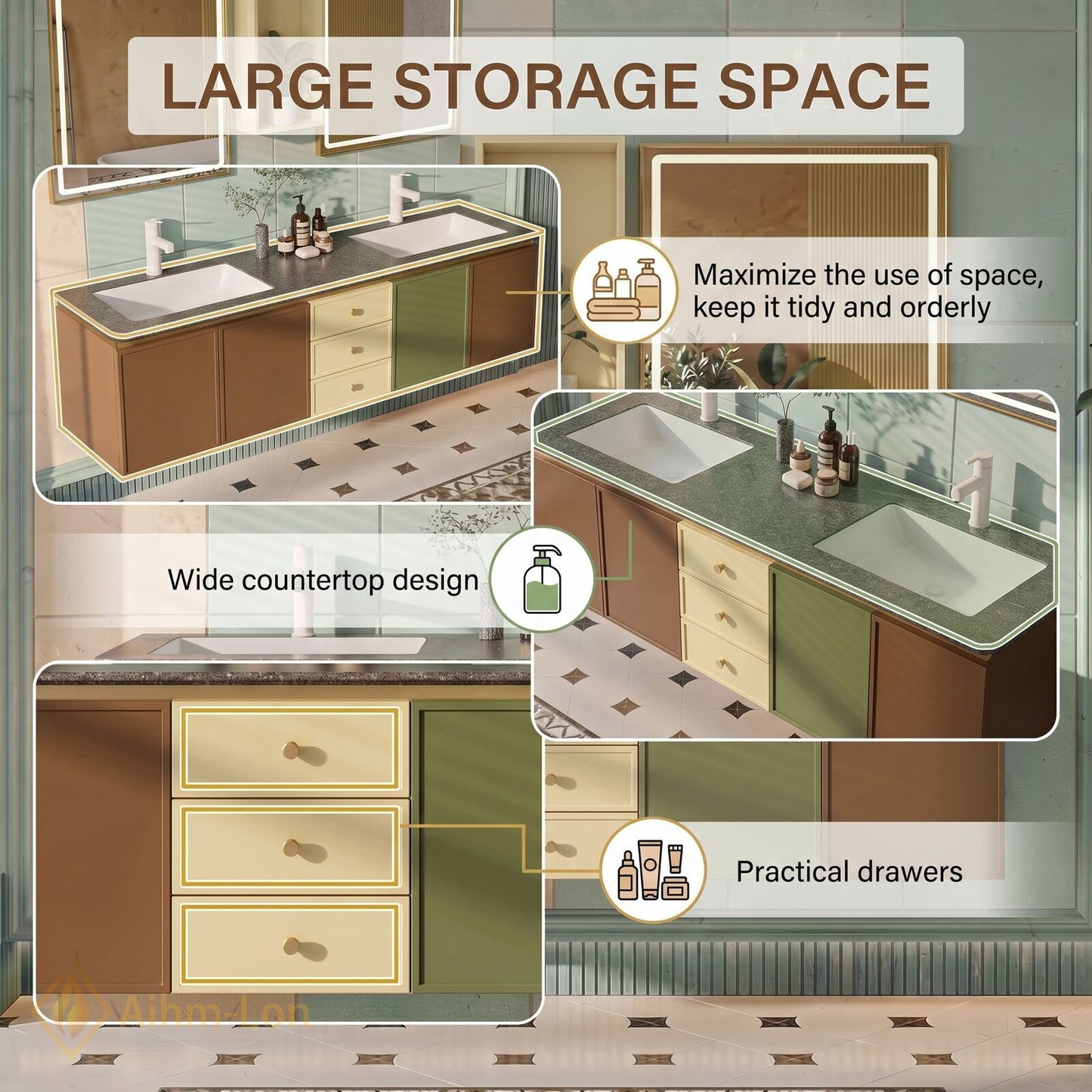 60''-96'' Double Bathroom Vanity with Sink Multicolor Doors Wall Mounted Stone Cabinet