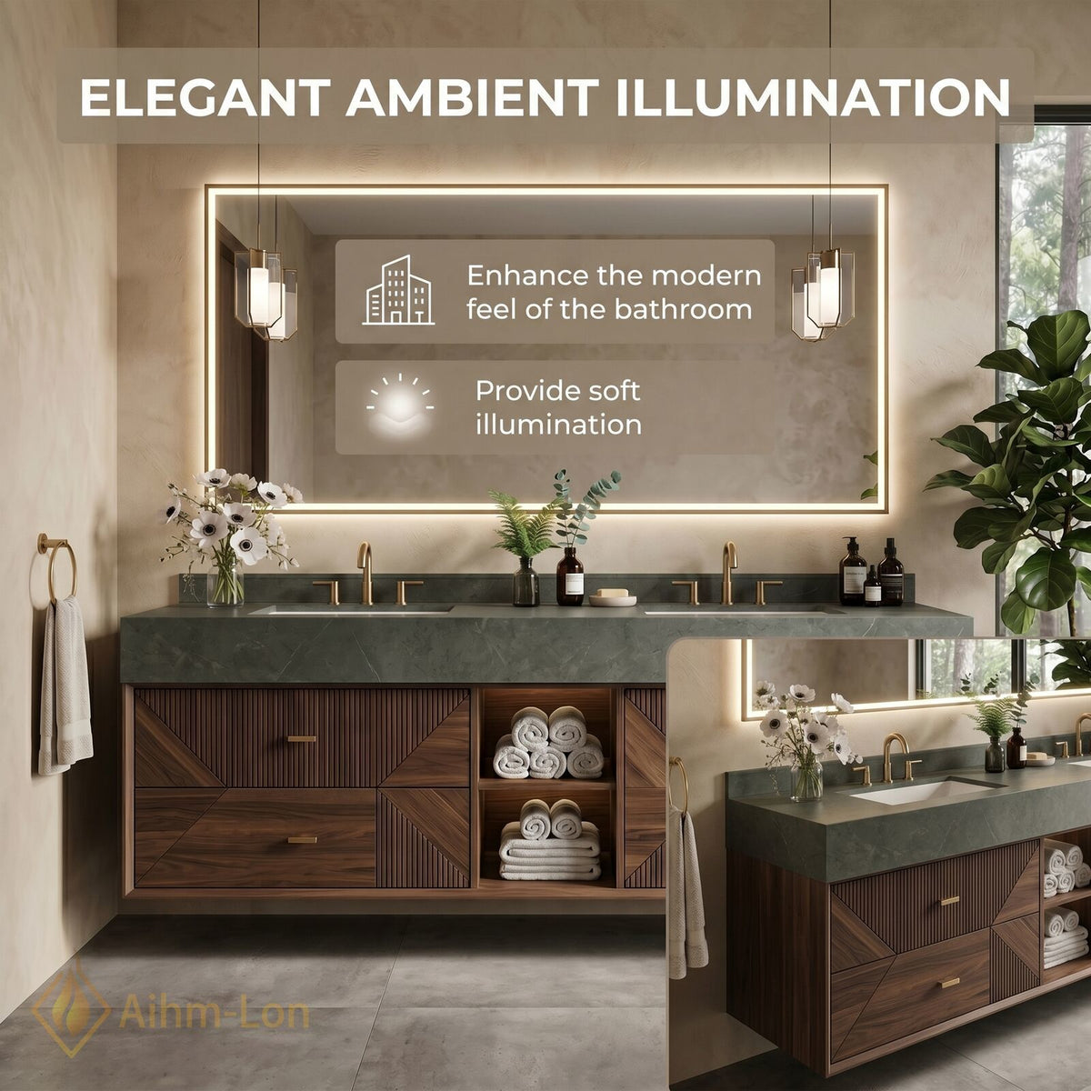 60''-96'' Double Bathroom Vanity with Sink Geometric Slatted Doors Dark Green Stone