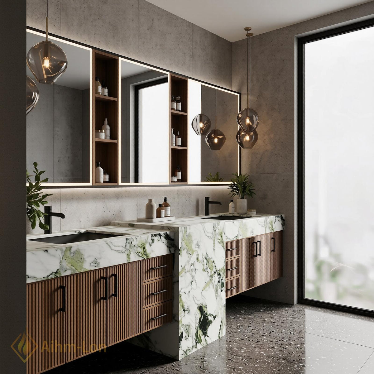 60''-96'' Double Bathroom Vanity with Sink Green Veined Marble Slatted Wood Panels