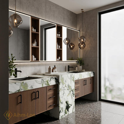 60''-96'' Double Bathroom Vanity with Sink Green Veined Marble Slatted Wood Panels