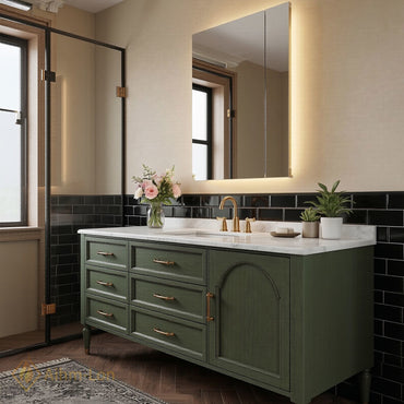 48''-64'' Modern Bathroom Vanity with Sink Distressed Olive Green Marble Sculpted Drawers