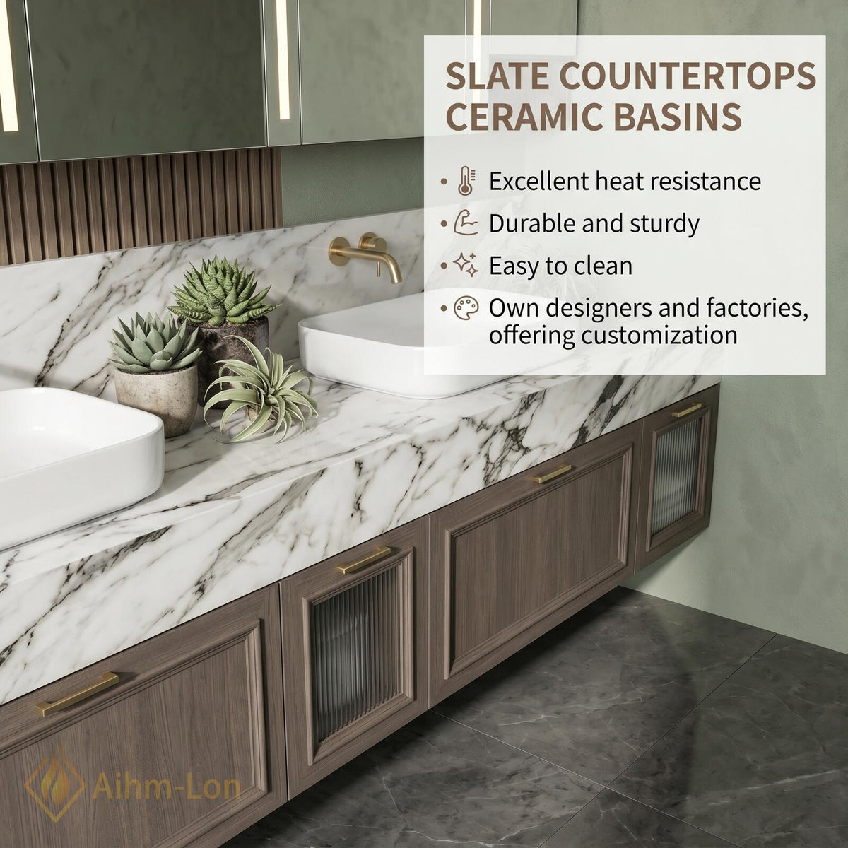 60''-96'' Double Bathroom Vanity with Sink Floating Charcoal Wood-Grain Finish Glass-Paneled Doors