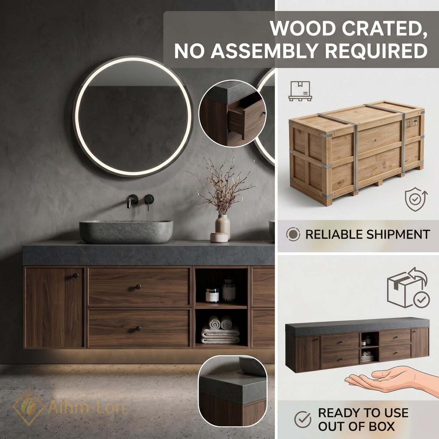 60''-96'' Double Bathroom Vanity with Sink Warm-Walnut Wood Modern Floating Grain