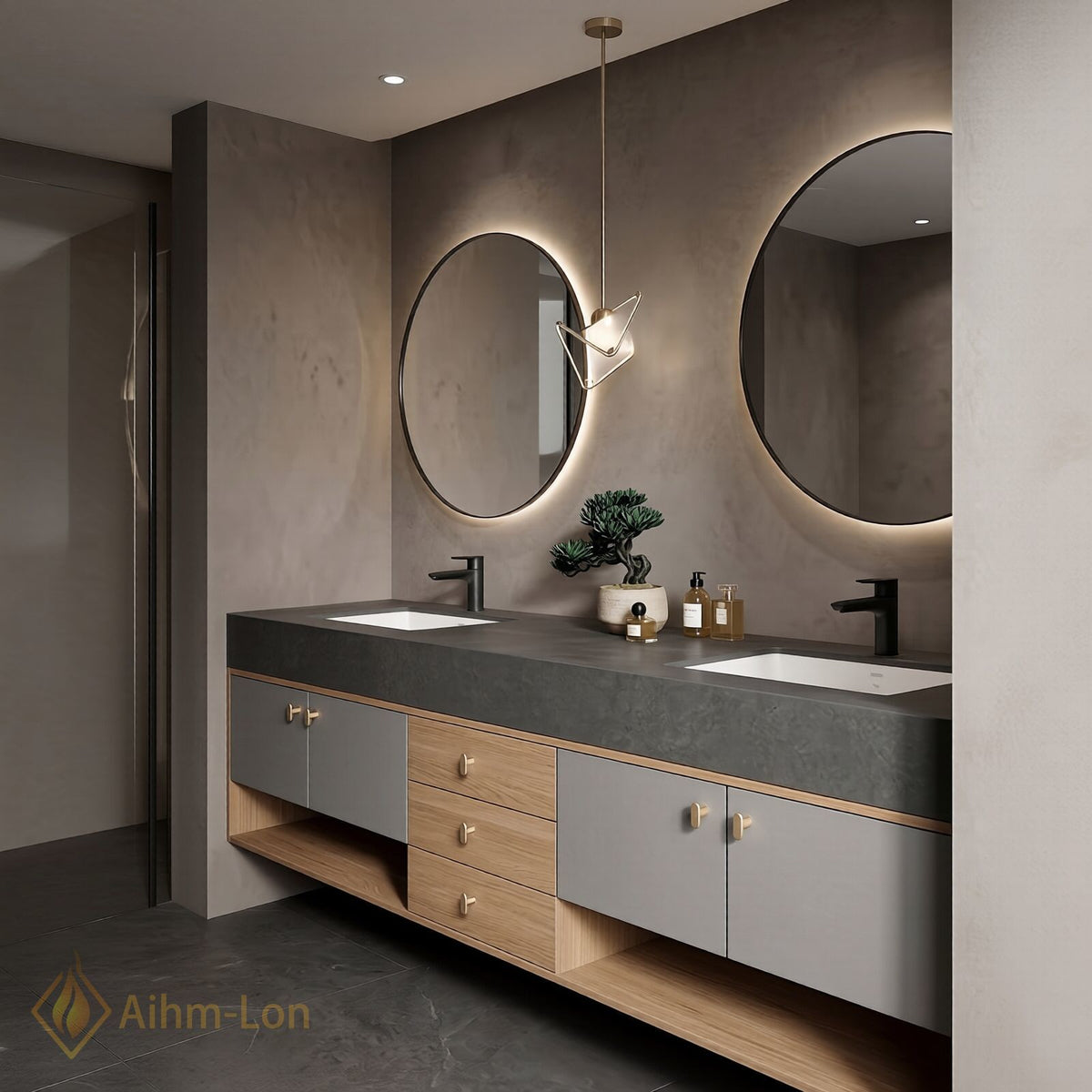 60''-96'' Double Bathroom Vanity with Sink Grey Lacquer Doors Open Shelving Base