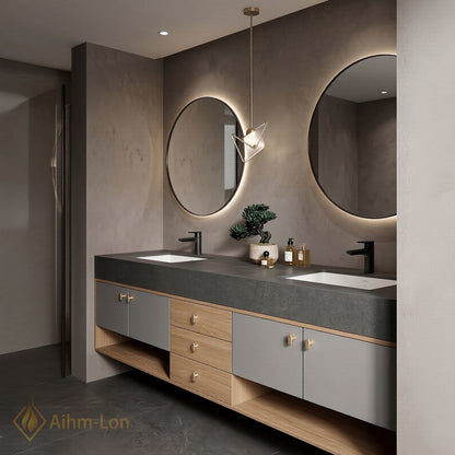 60''-96'' Double Bathroom Vanity with Sink Grey Lacquer Doors Open Shelving Base