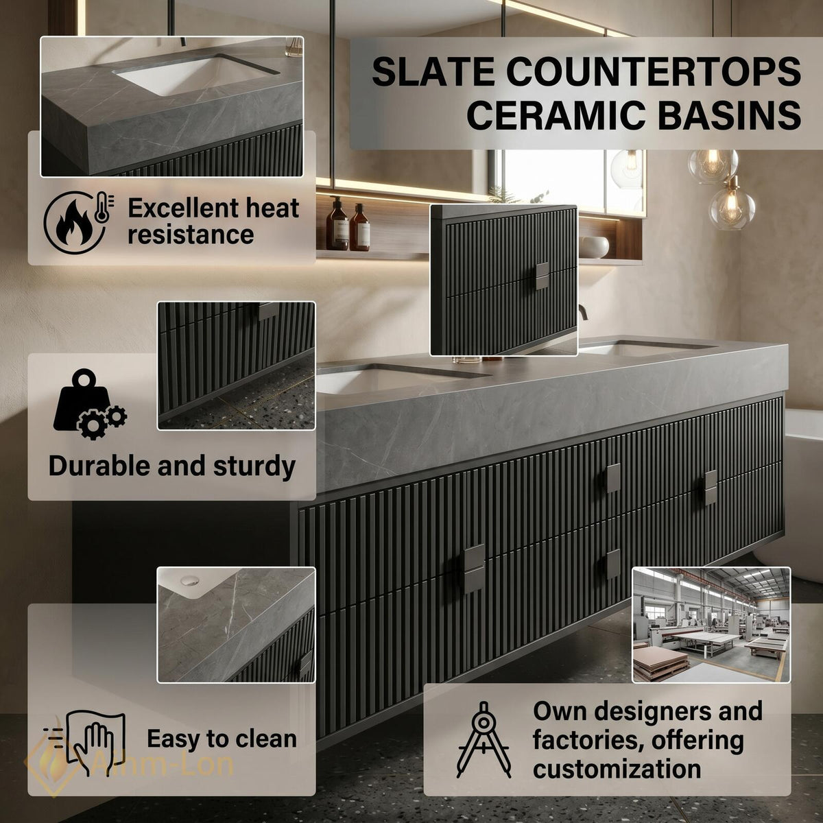 60''-96'' Bathroom Vanity with Sink Modern Floating Slatted Front Panels Mirror Shelf