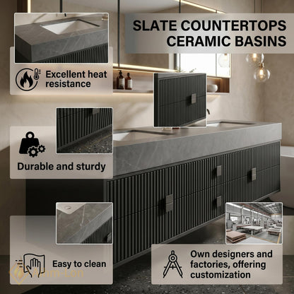 60''-96'' Bathroom Vanity with Sink Modern Floating Slatted Front Panels Mirror Shelf