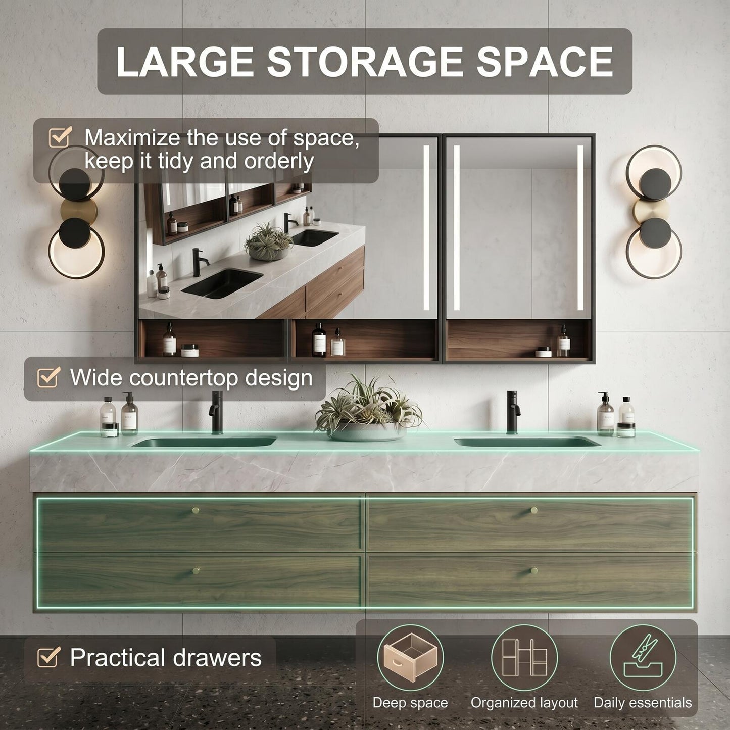 60''-96'' Modern Bathroom Vanity with Sink Dual Basins Wide Stone Dark Wood Drawers Cabinet