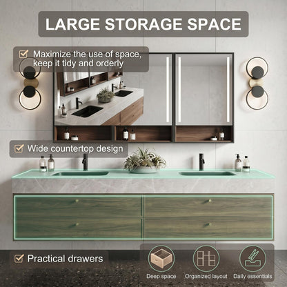 60''-96'' Modern Bathroom Vanity with Sink Dual Basins Wide Stone Dark Wood Drawers Cabinet
