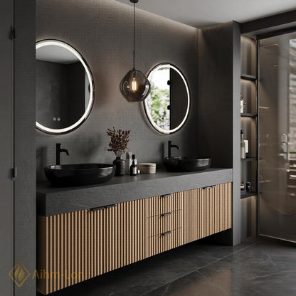 60''-96'' Double Bathroom Vanity with Sink Natural-Wood Modern Slatted-Panel Grain