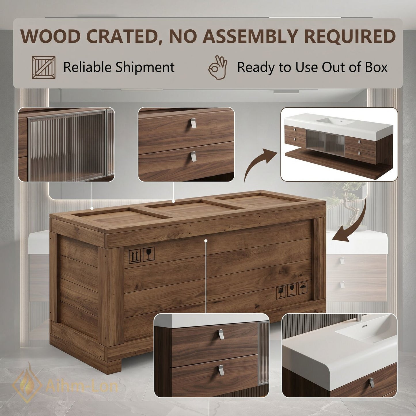 60''-96'' Double Bathroom Vanity with Sink Dark-Walnut Walnut Floating Modern Vanities Grain