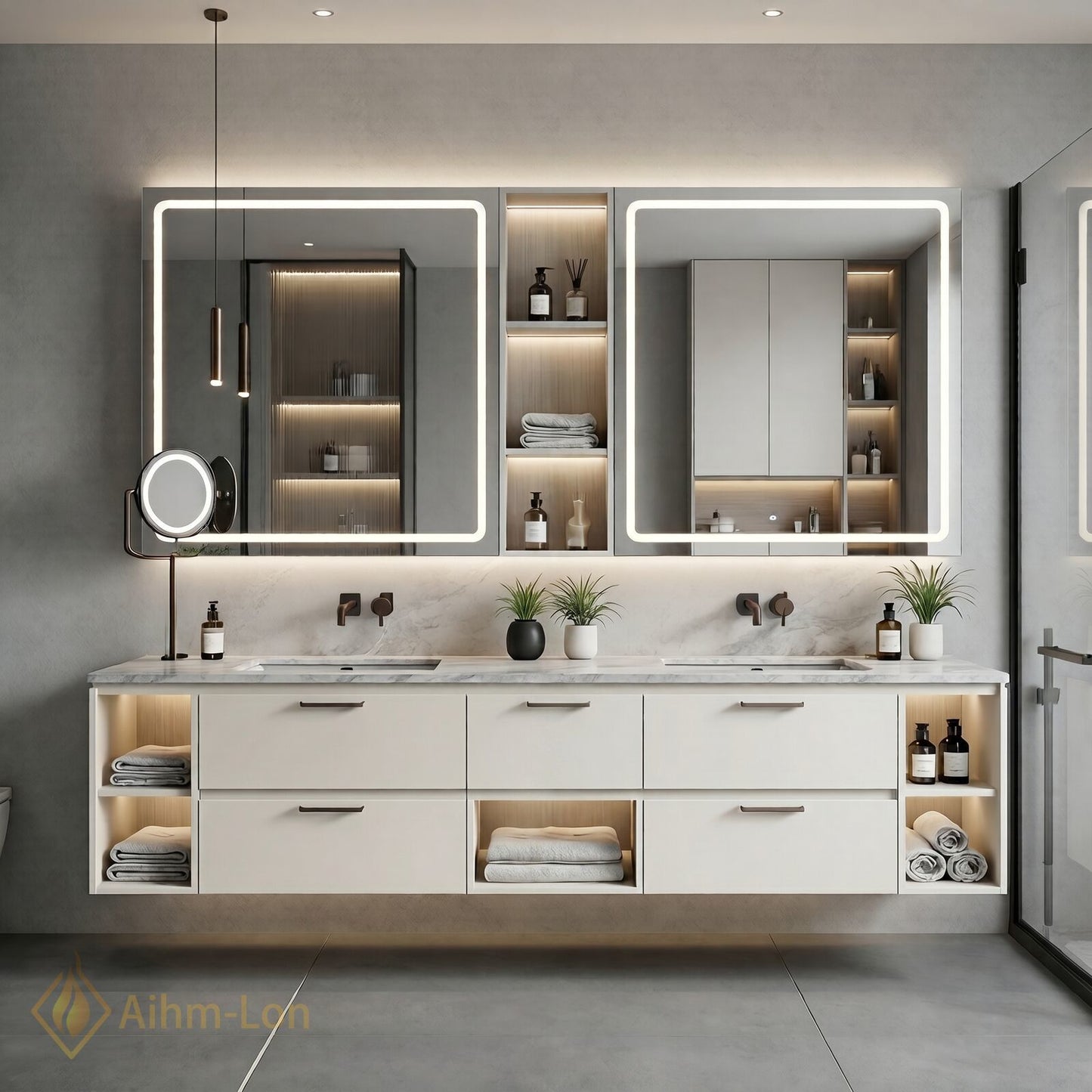 70''-96'' Double Bathroom Vanity with Sink Stone Top Illuminated Mirrors Storage