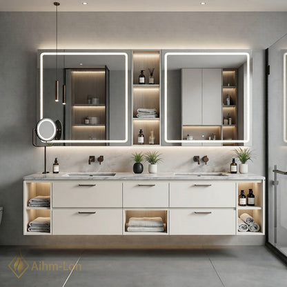 70''-96'' Double Bathroom Vanity with Sink Stone Top Illuminated Mirrors Storage