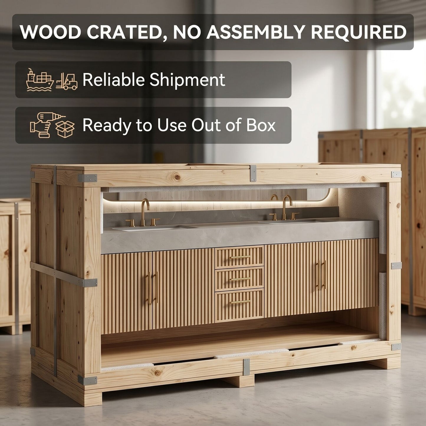 60''-96'' Modern Bathroom Vanity with Sink Double Sink Vertical Fluted Warm Wood-Grain Cabinet