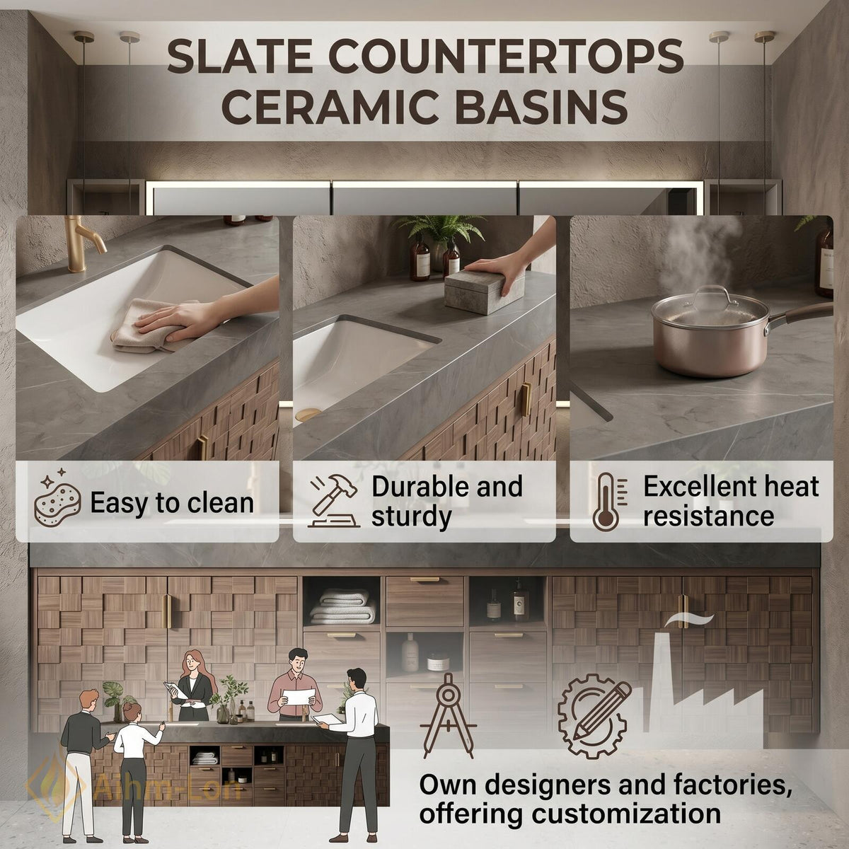 60''-96'' Bathroom Vanity with Sink Modular Block Front Grey Stone Top Central