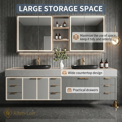 76''-96'' Bathroom Vanity with Sink Floating Double Grey Stone Top Ribbed Doors