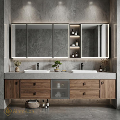70''-96'' Modern Floating Bathroom Vanity with Sink Stone Top Glass-Door Sleek Storage