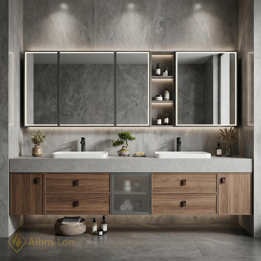 70''-96'' Modern Floating Bathroom Vanity with Sink Stone Top Glass-Door Sleek Storage