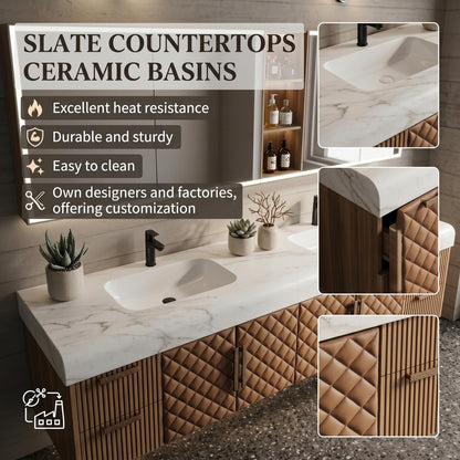60''-96'' Double Bathroom Vanity with Sink Modern Floating Quilted Leather-Style Solid Wood