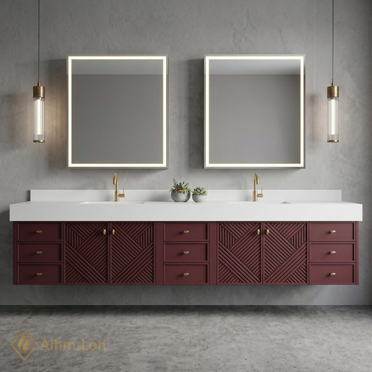 78''-96'' Modern Floating Bathroom Vanity with Sink Geometric Panel Doors Wine-Red Drawers