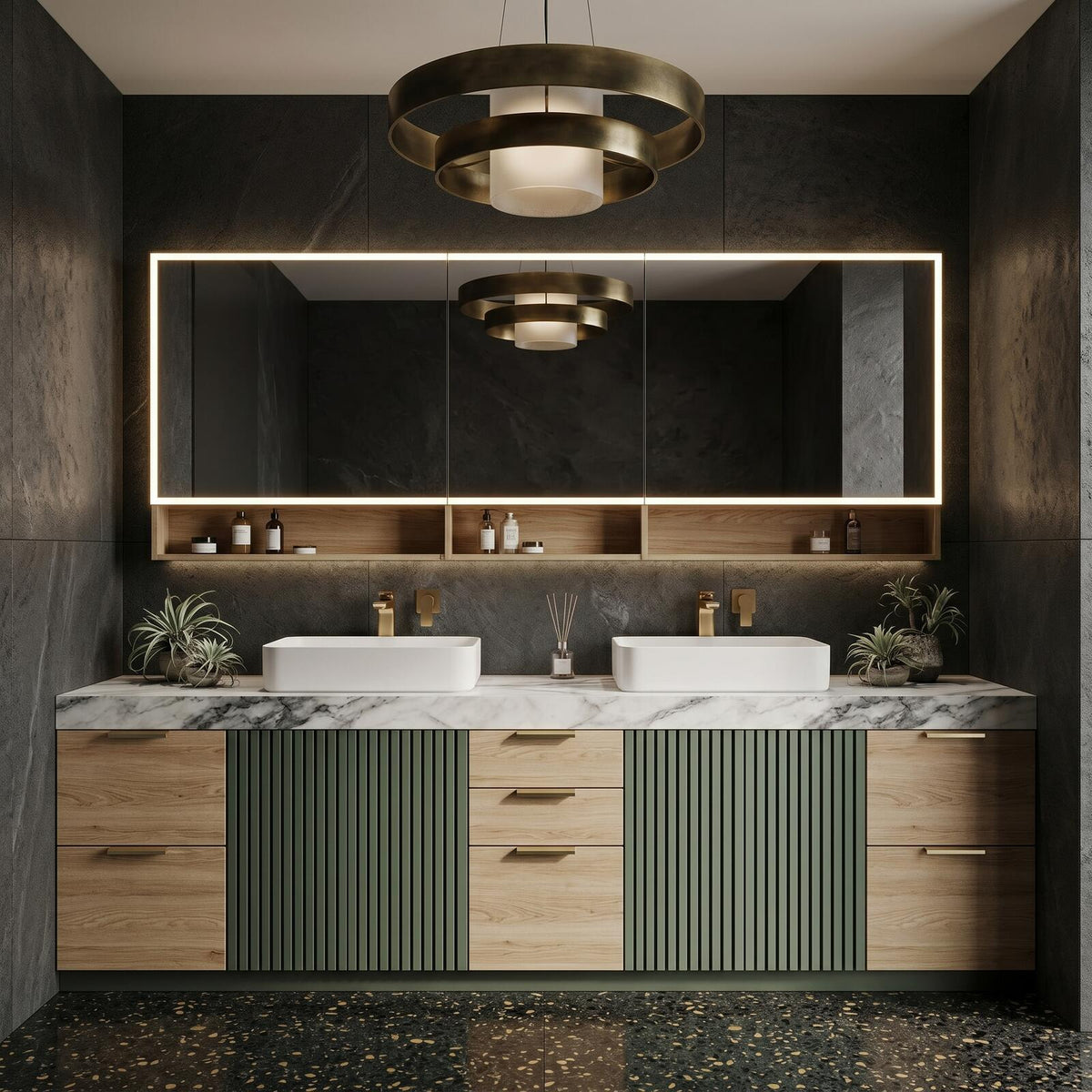 60''-96'' Double Bathroom Vanity with Sink Modern Floating Sage Green Slatted Deep Drawers