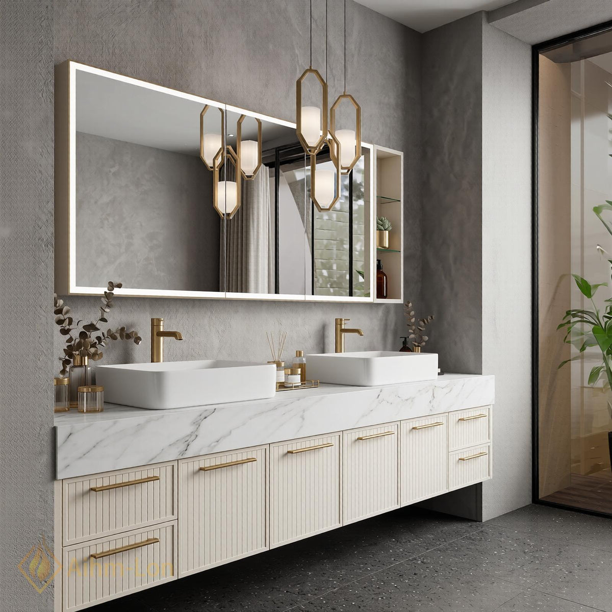60''-96'' Double Bathroom Vanity with Sink Modern Floating Marble Look Paneled Doors