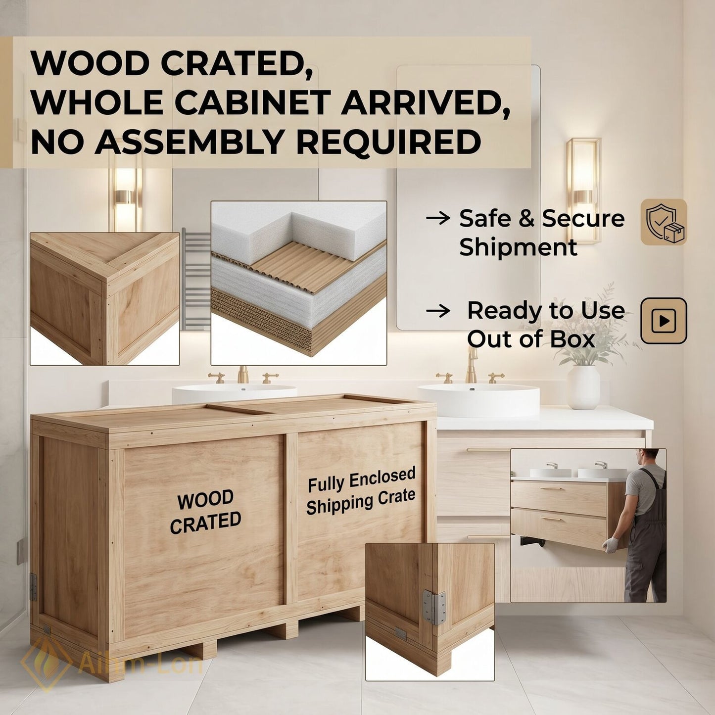 60''-96'' Modern Bathroom Vanity with Sink Floating Light Oak Finish Four Drawers
